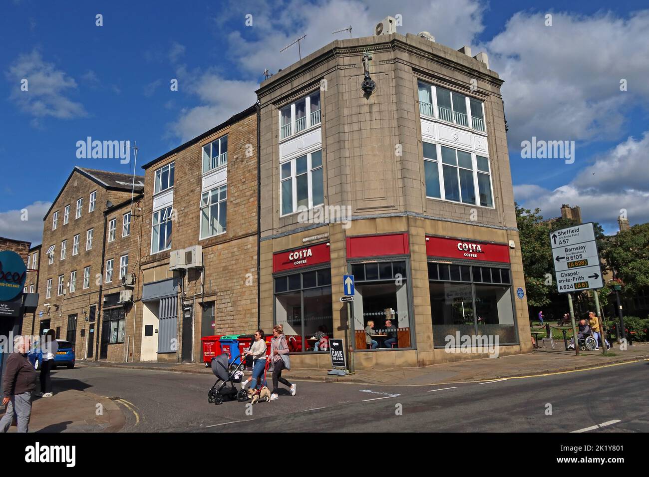 Old CWS, Società all'ingrosso cooperativa, costruendo ora Costa Coffee, High St West, Glossop, High Peak, Derbyshire, Foto Stock