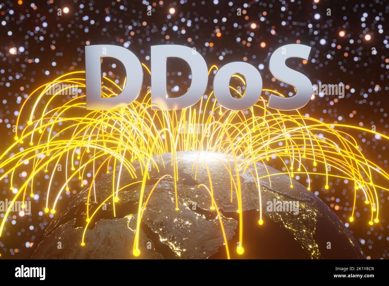 Lettera alfabetica DDoS in cima alla terra con un sacco di curve paraboliche incandescenti saltare al mondo intero. Attacco di hacker su Internet Foto Stock