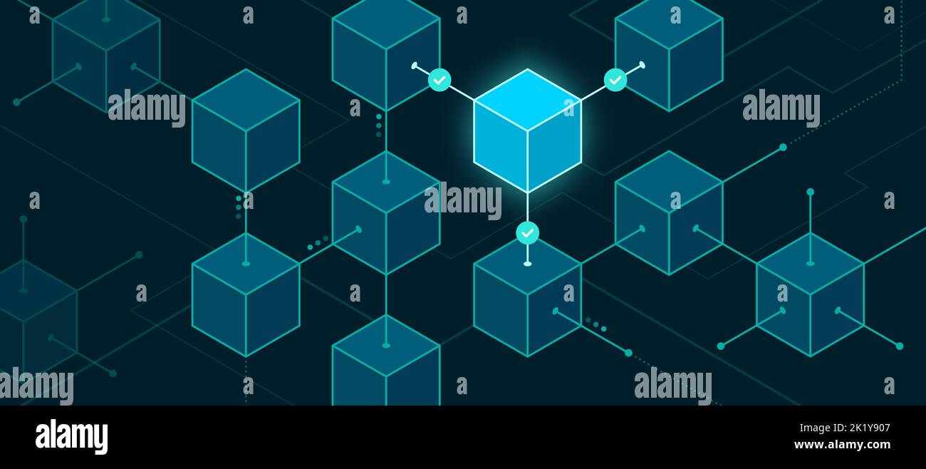 Convalida dei blocchi nella catena di blocchi e nella contabilità digitale, background tecnologico Illustrazione Vettoriale