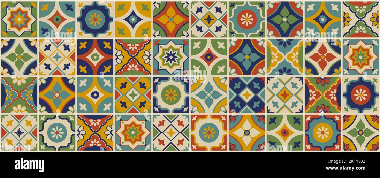 Piastrelle colorate azulejos ceramica sfondo con decorazione floreale, design degli interni e concetto di arredamento, sfondo astratto Illustrazione Vettoriale