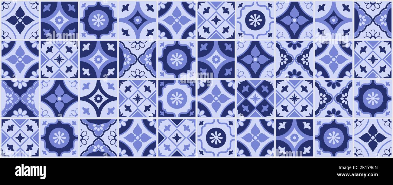 Tradizionale motivo azulejos con piastrelle in ceramica, design degli interni e concetto di decorazione, sfondo astratto Illustrazione Vettoriale