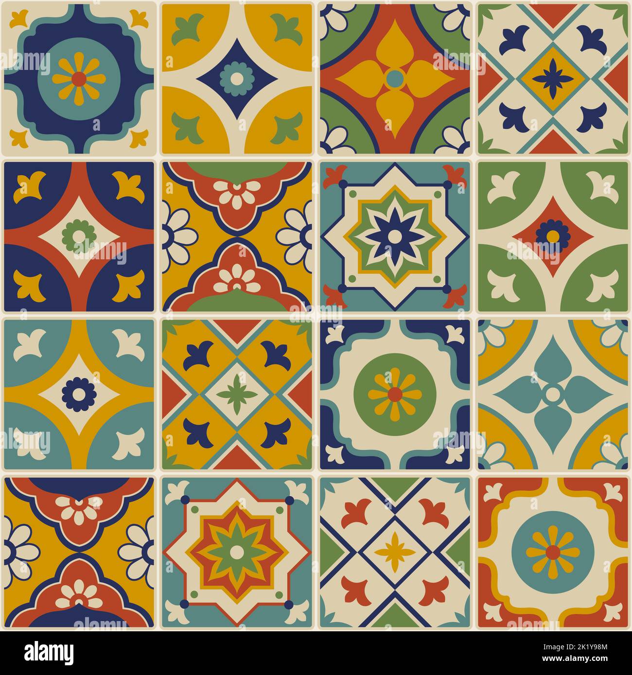 Piastrelle colorate azulejos ceramica sfondo con decorazione floreale, design degli interni e concetto di arredamento, sfondo astratto Illustrazione Vettoriale