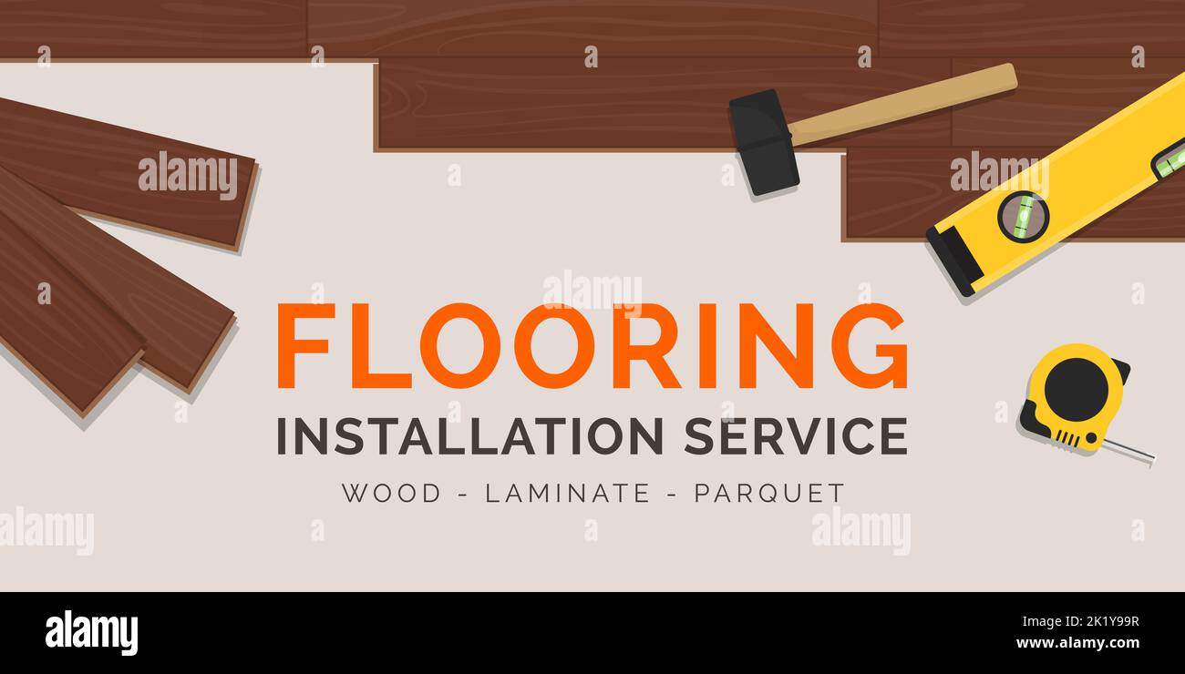 Striscione servizio installazione professionale pavimenti in legno duro con utensili e spazio copia Illustrazione Vettoriale