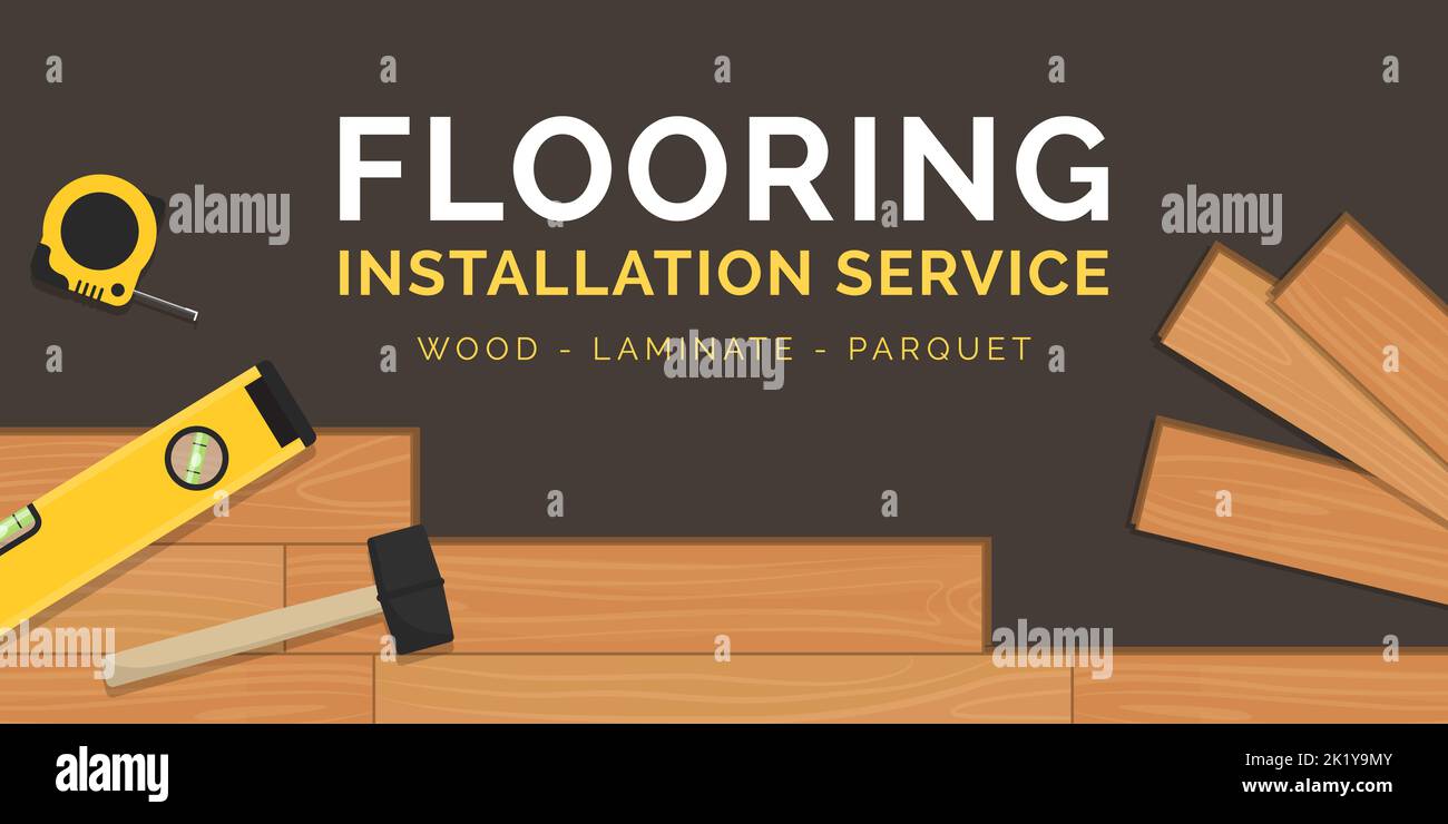 Striscione servizio installazione professionale pavimenti in legno duro con utensili e spazio copia Illustrazione Vettoriale