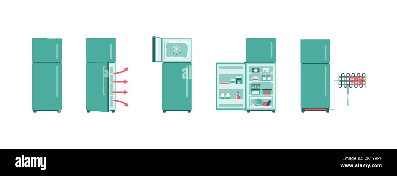 Set di icone per la manutenzione del frigorifero e la conservazione degli alimenti, isolato su sfondo bianco Illustrazione Vettoriale