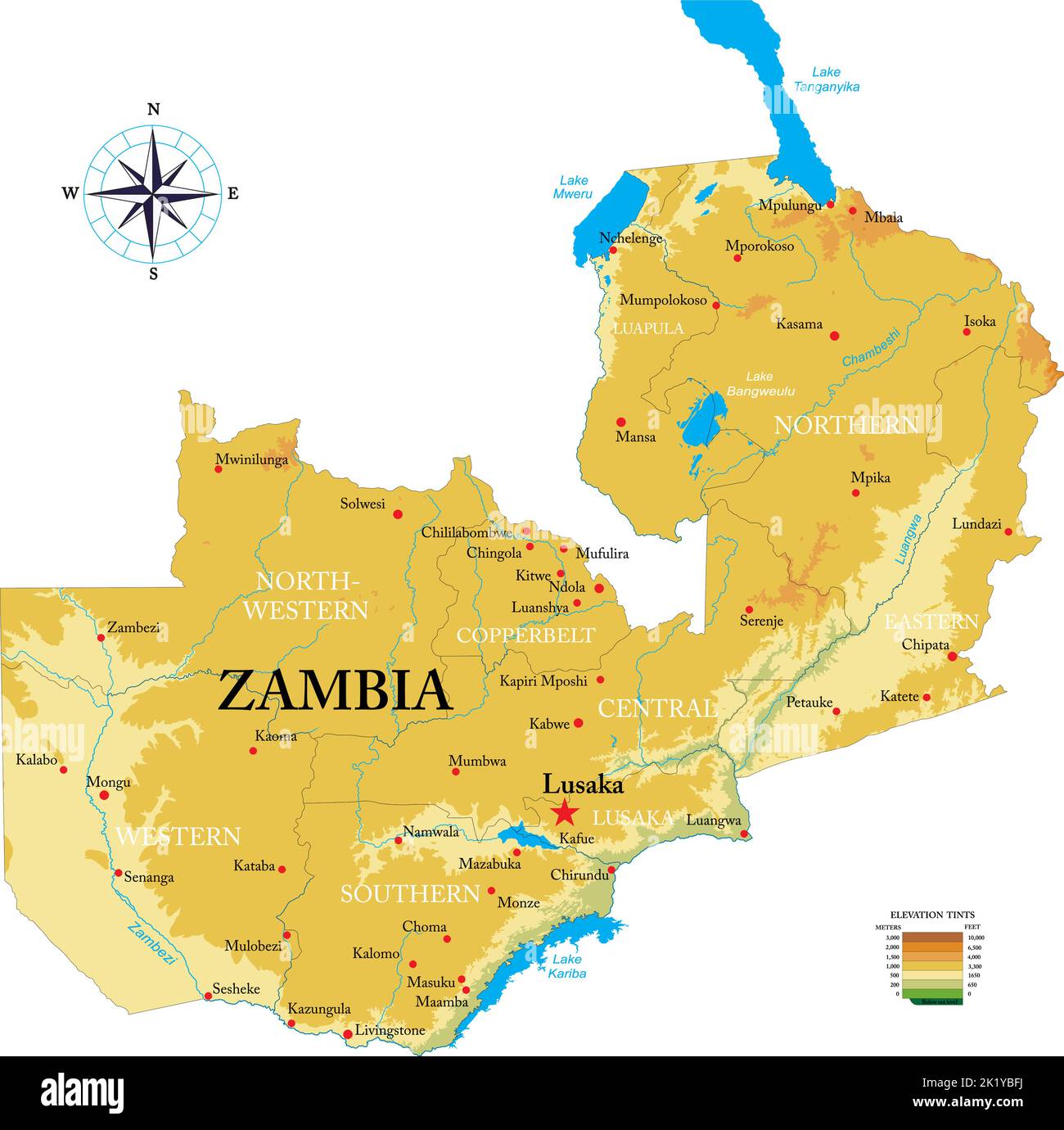 Mappa fisica molto dettagliata dello Zambia in formato vettoriale, con tutte le forme di rilievo, le regioni e le grandi città. Illustrazione Vettoriale