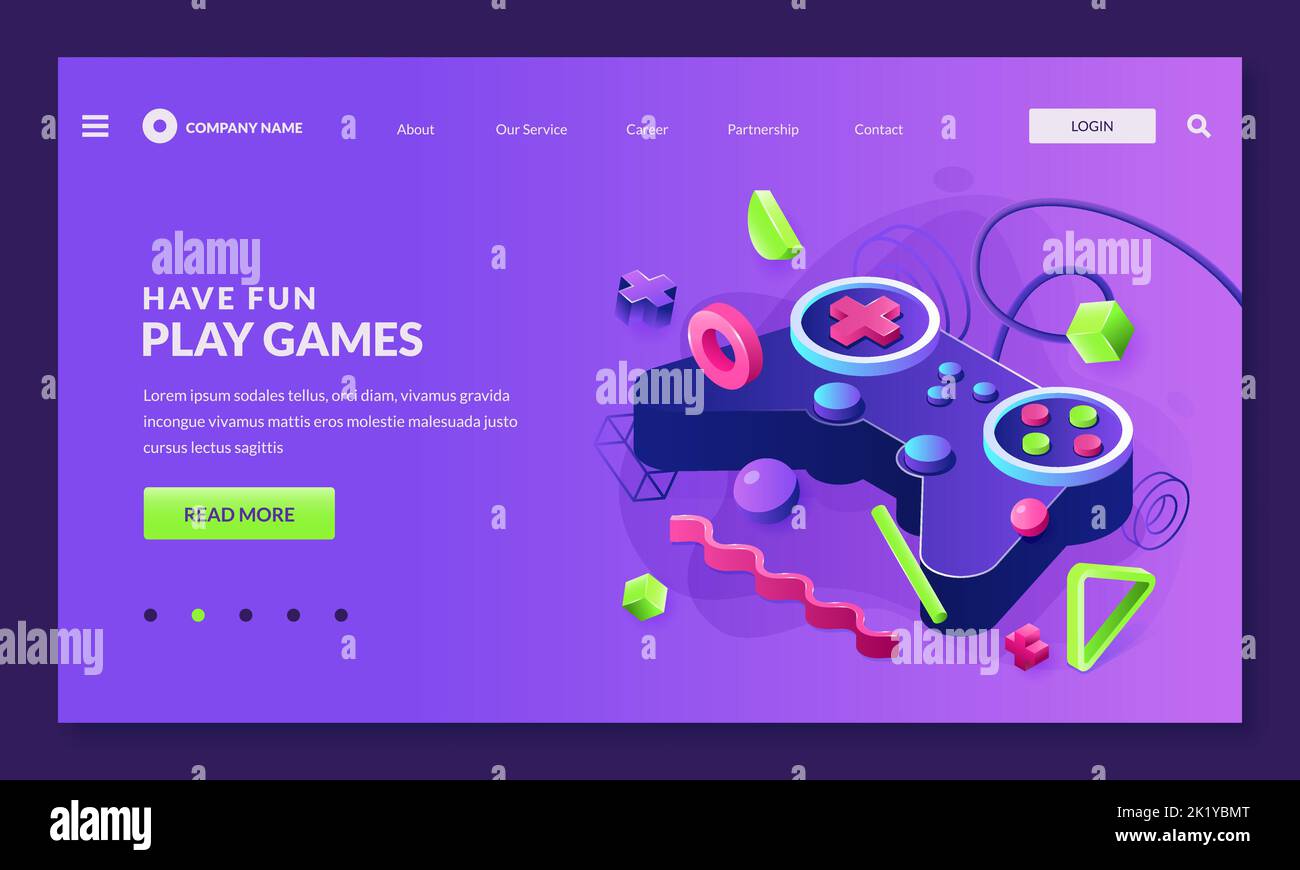 Concetto di gioco video. Immagine isometrica Vector 3D del controller di gioco o del joystick per console di gioco. Poster o banner neon sfondo design Illustrazione Vettoriale