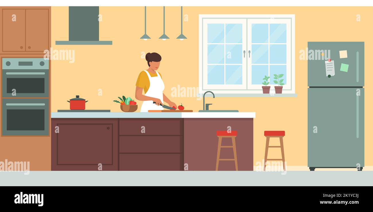 Felice donna che cucina in cucina, interno stanza domestica Illustrazione Vettoriale