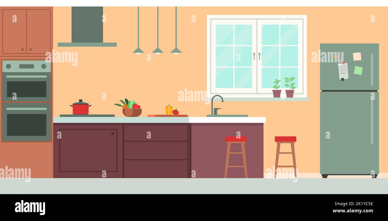 Interni moderni con cucina e accessori Illustrazione Vettoriale