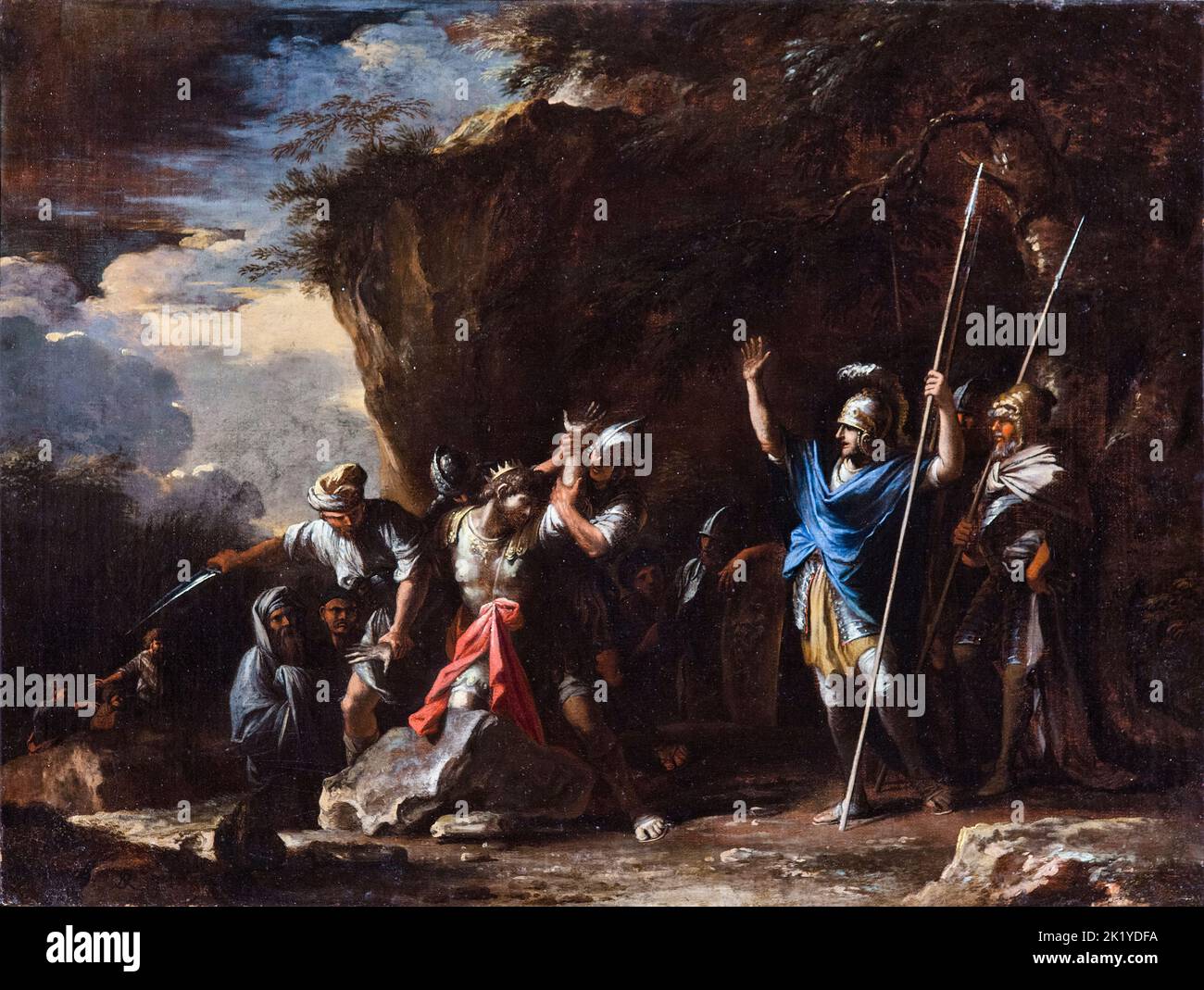 Scena dalla storia greca: Il figlio sordomuto del re Croeso impedisce ai persiani di uccidere suo padre, dipingendo in olio su tela di Salvator Rosa, 1663 Foto Stock