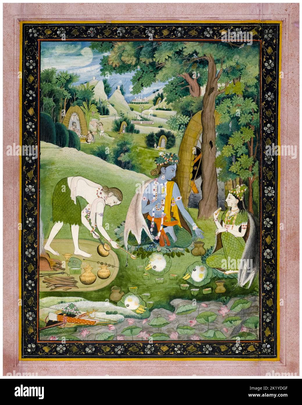 Rama, Lakshmana e Sita, cucinare e mangiare nella natura selvaggia, dipingendo in gouache e oro su carta da un artista indiano sconosciuto, circa 1820 Foto Stock