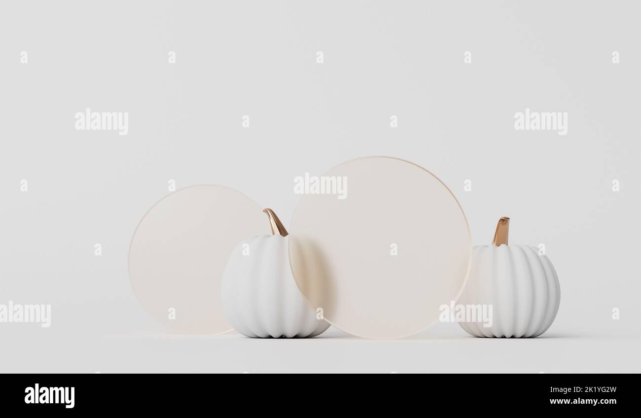 Zucca festiva bianca e dorata con cornice in vetro. Halloween e sfondo di ringraziamento. Rendering 3D Foto Stock