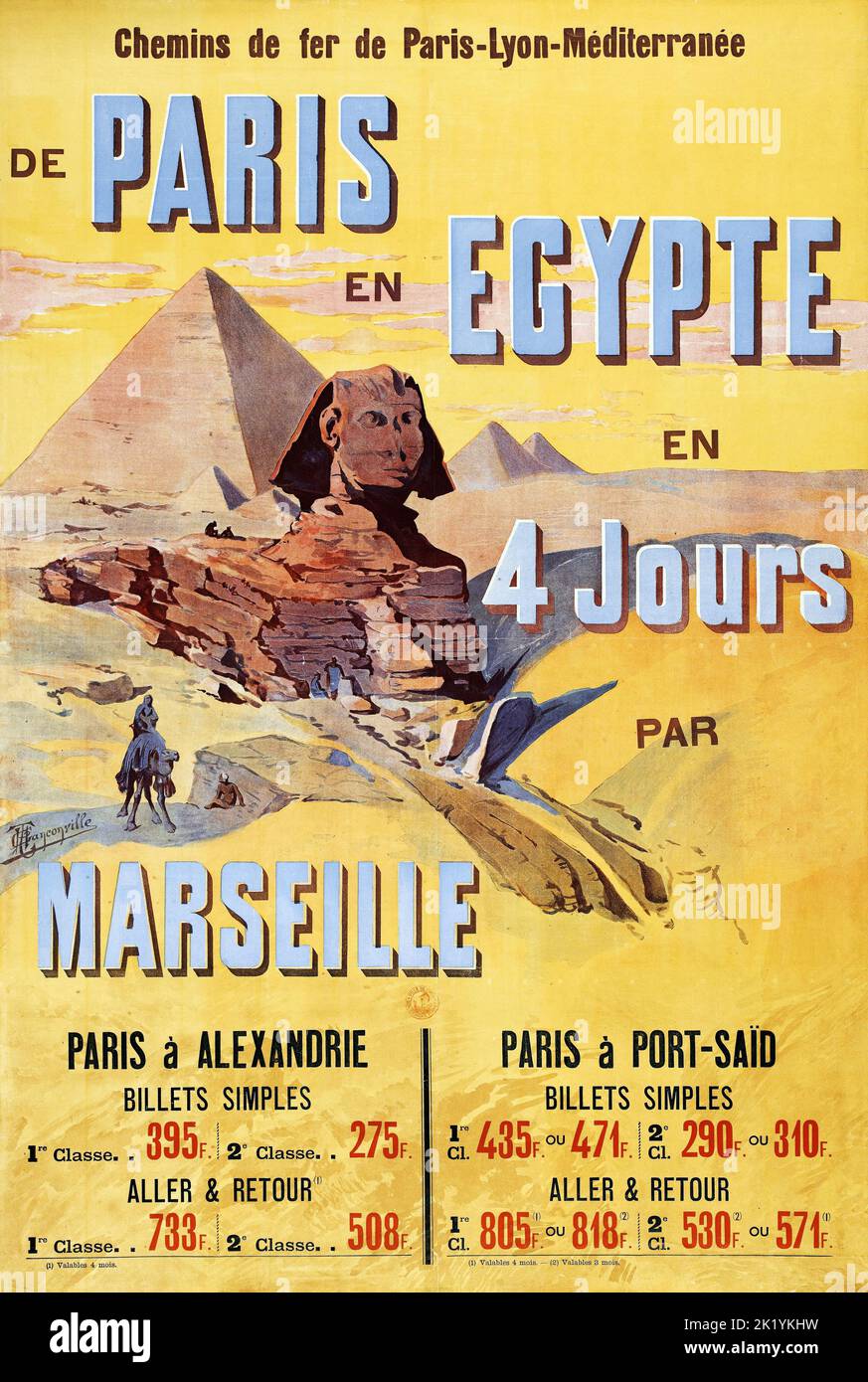 Tanconville - poster di viaggio antico Tanconville - Chemin de fer de Paris-Lyon-Méditerranée. De Paris en Egypte en quatre jours. Egitto poster feat le Piramidi e la Sfinge. Foto Stock