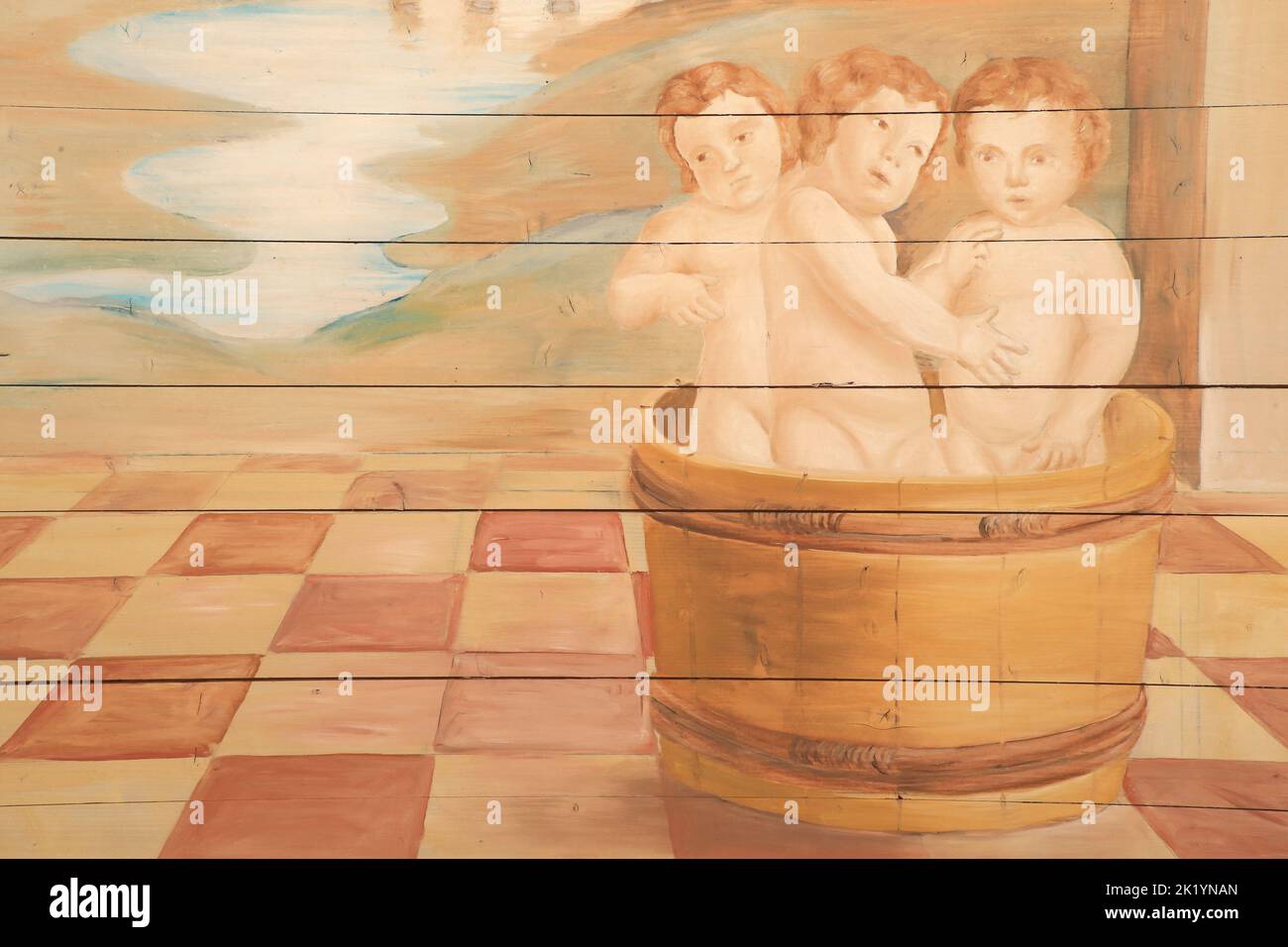 Trois enfants dans une bassine en bois. Distali. Saint-Nicolas de Myre. Peinture murale restaurée par Edouard Borga. Eglise Saint-Nicolas de Combloux. Foto Stock