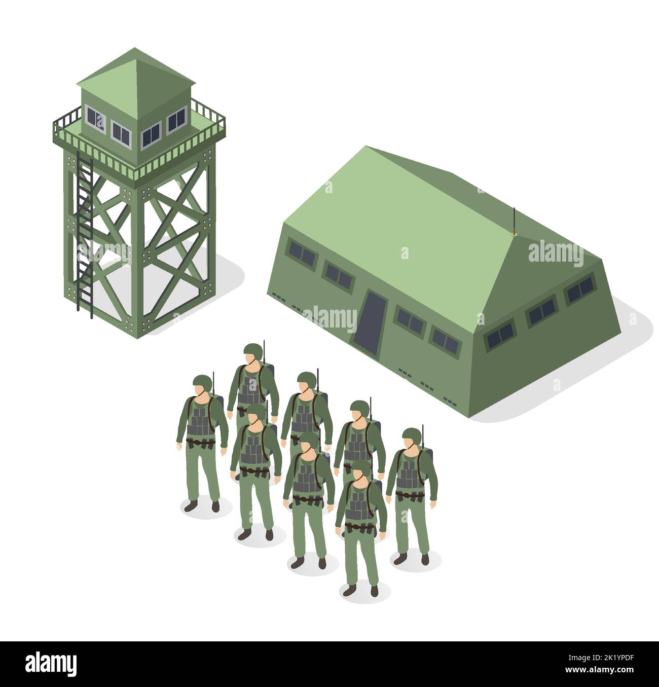 Set di soldati di truppe armate militari isometrici oggetti militari armati Illustrazione Vettoriale