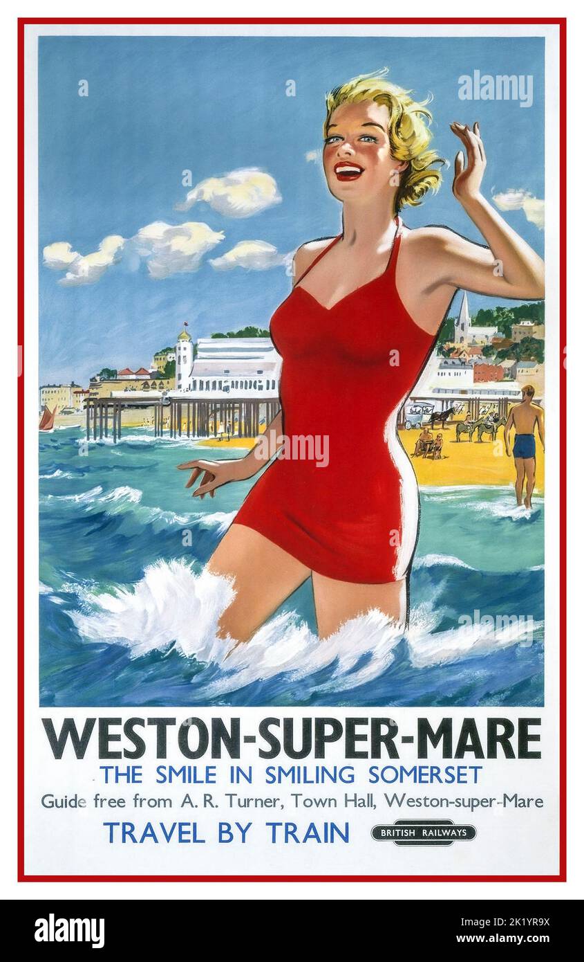 Poster di viaggio vintage 1950s prodotto da British Railways (BR) per promuovere i servizi ferroviari per Weston-super-Mare nel Somerset nel Regno Unito. 'The Smile in Smiling Somerset' viaggio in treno Foto Stock