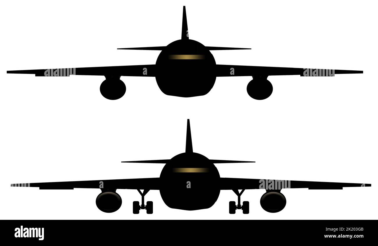 Un aereo di linea, l'aeroplano è visto nella silhouette con il carrello di atterraggio in su e con il carrello di atterraggio in giù in un'immagine su uno sfondo trasparente. Foto Stock