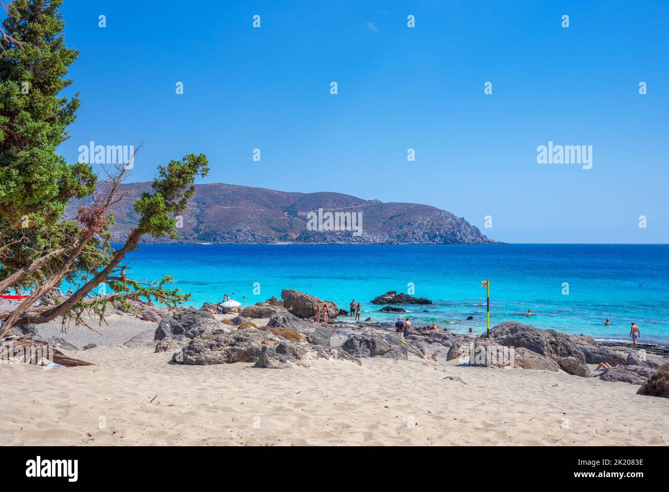 La famosa spiaggia di sabbia di Kedrodasos vicino Elafonisi, la Canea, Creta, Grecia. Foto Stock
