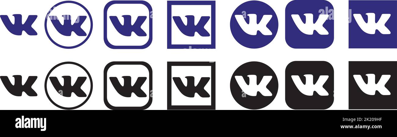 Un bel vettore di un logo Vkontakte è impostato in forme diverse isolato su uno sfondo bianco Illustrazione Vettoriale