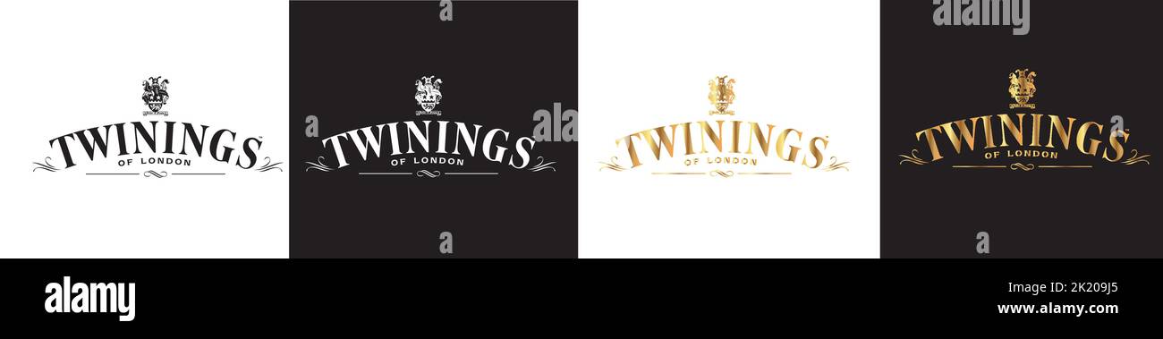 Le diverse illustrazioni del logo del tè Twinings London a contrasto Illustrazione Vettoriale