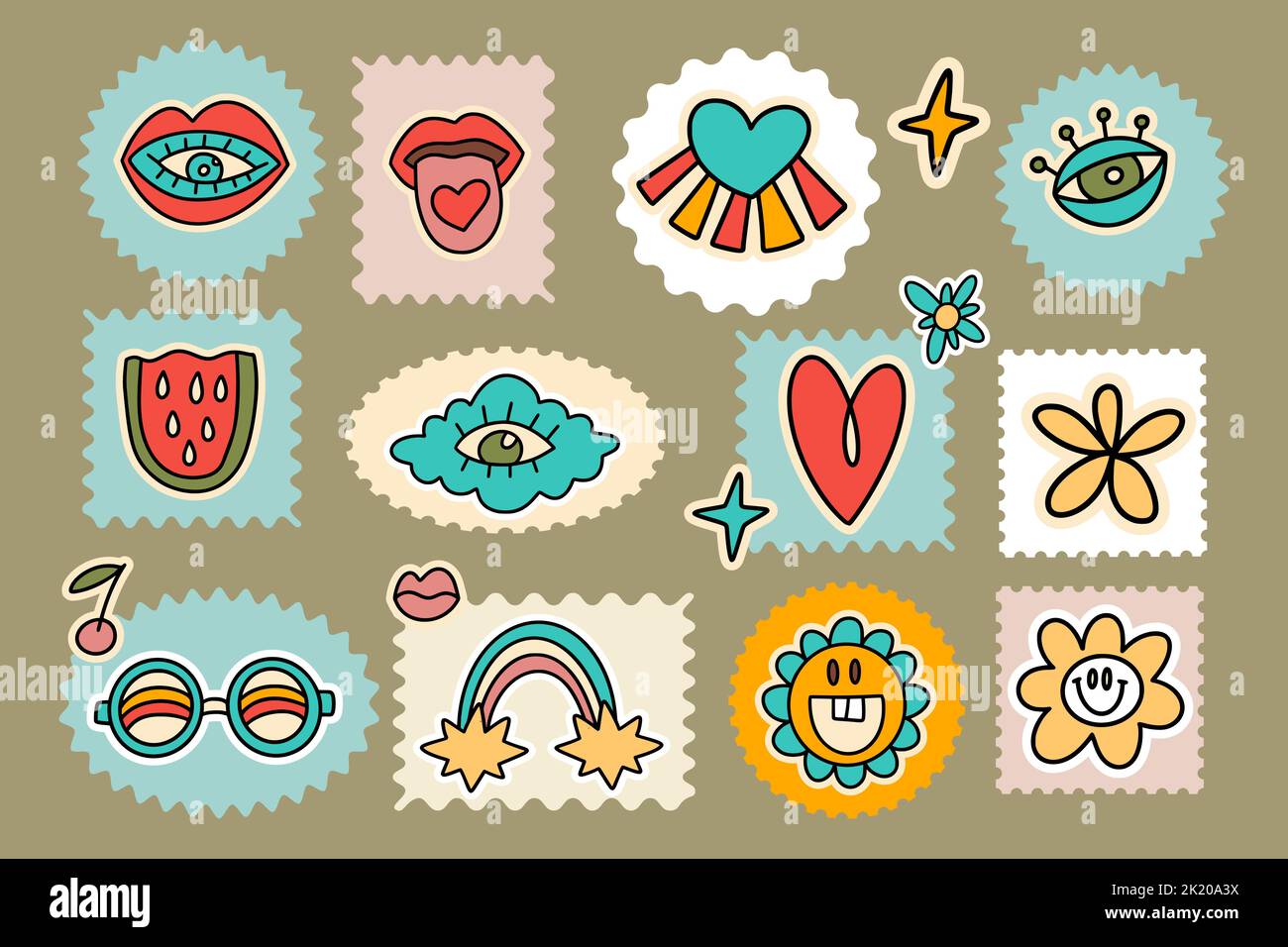 Groovy sticker set francobollo, cuore nuvola occhio, fiore retrò hippie 70s disco cartoon illustrazione vettoriale collezione di elementi Illustrazione Vettoriale