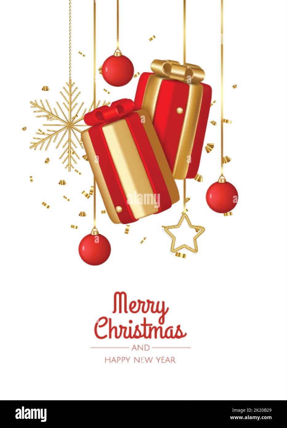 Banner di Natale. Sfondo design natalizio con scatola regalo realistica, cordoncini dorati brillanti. Illustrazione Vettoriale