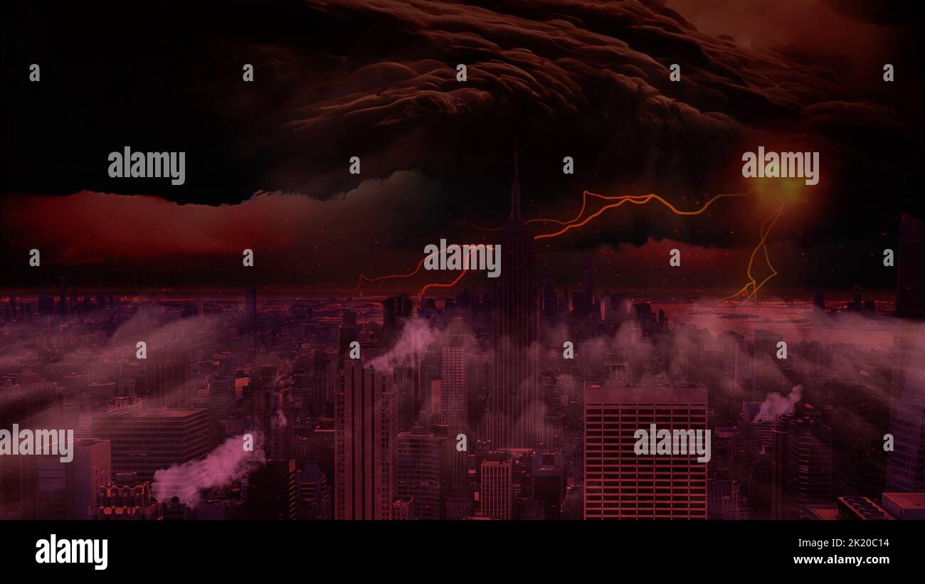 New York Manhattan clip disastro mostra edifici in fiamme e una tempesta mostruosa. Soprannaturale, Ufo, tema della guerra nucleare Foto Stock