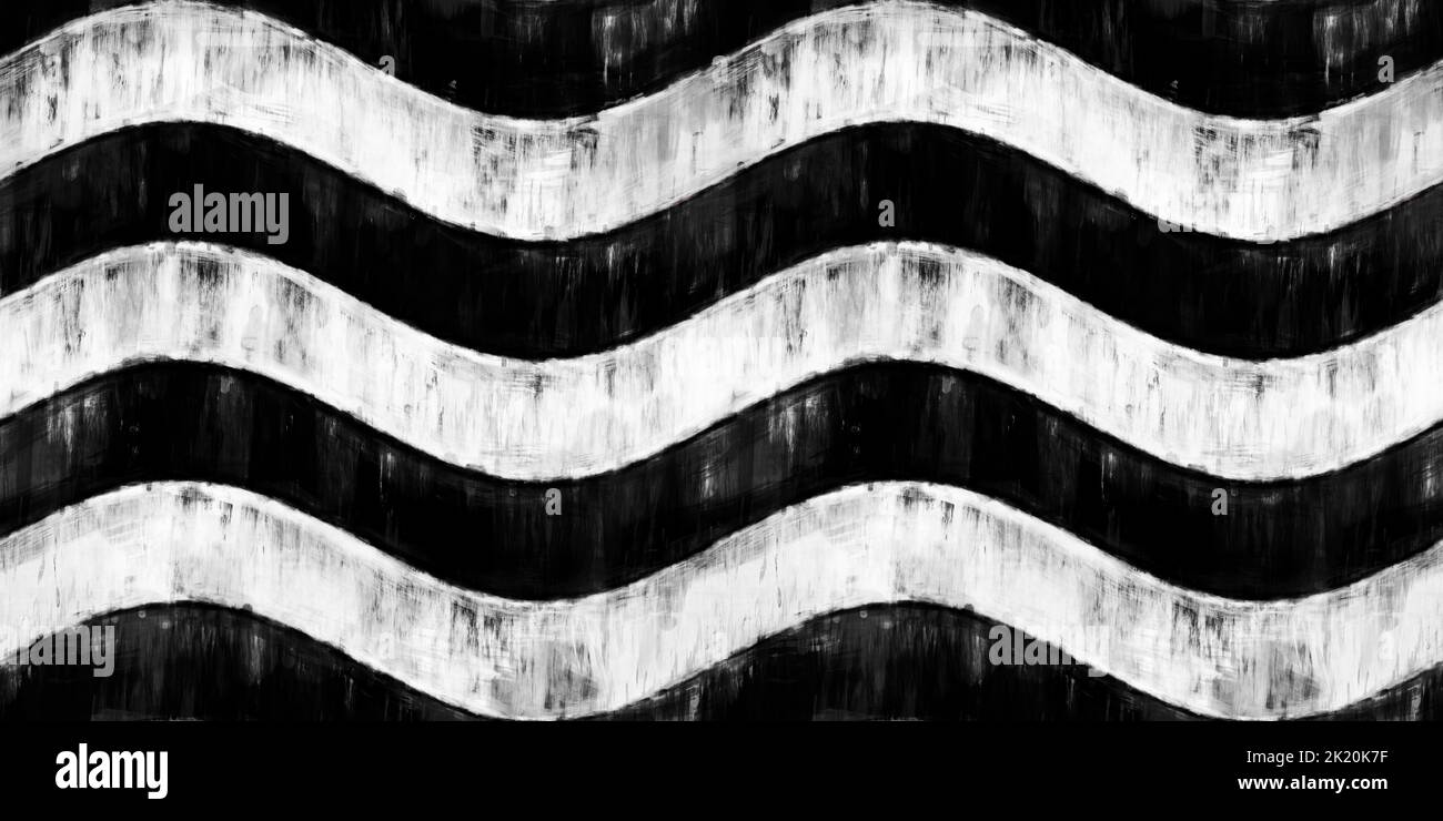 Senza cuciture dipinte ondulate strisce orizzontali in bianco e nero pittura acrilica artistica texture sfondo. Grunge creativo monocromatico mano disegnata onda sinusoidale ti Foto Stock