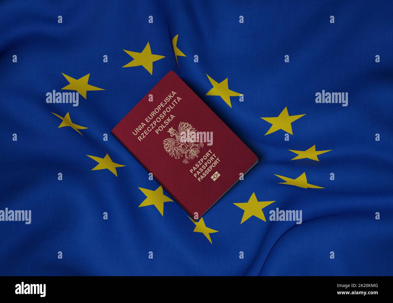 Passaporto polacco con bandiera dell'Unione europea in background, il passaporto polacco è un documento di viaggio internazionale rilasciato ai cittadini polacchi Foto Stock