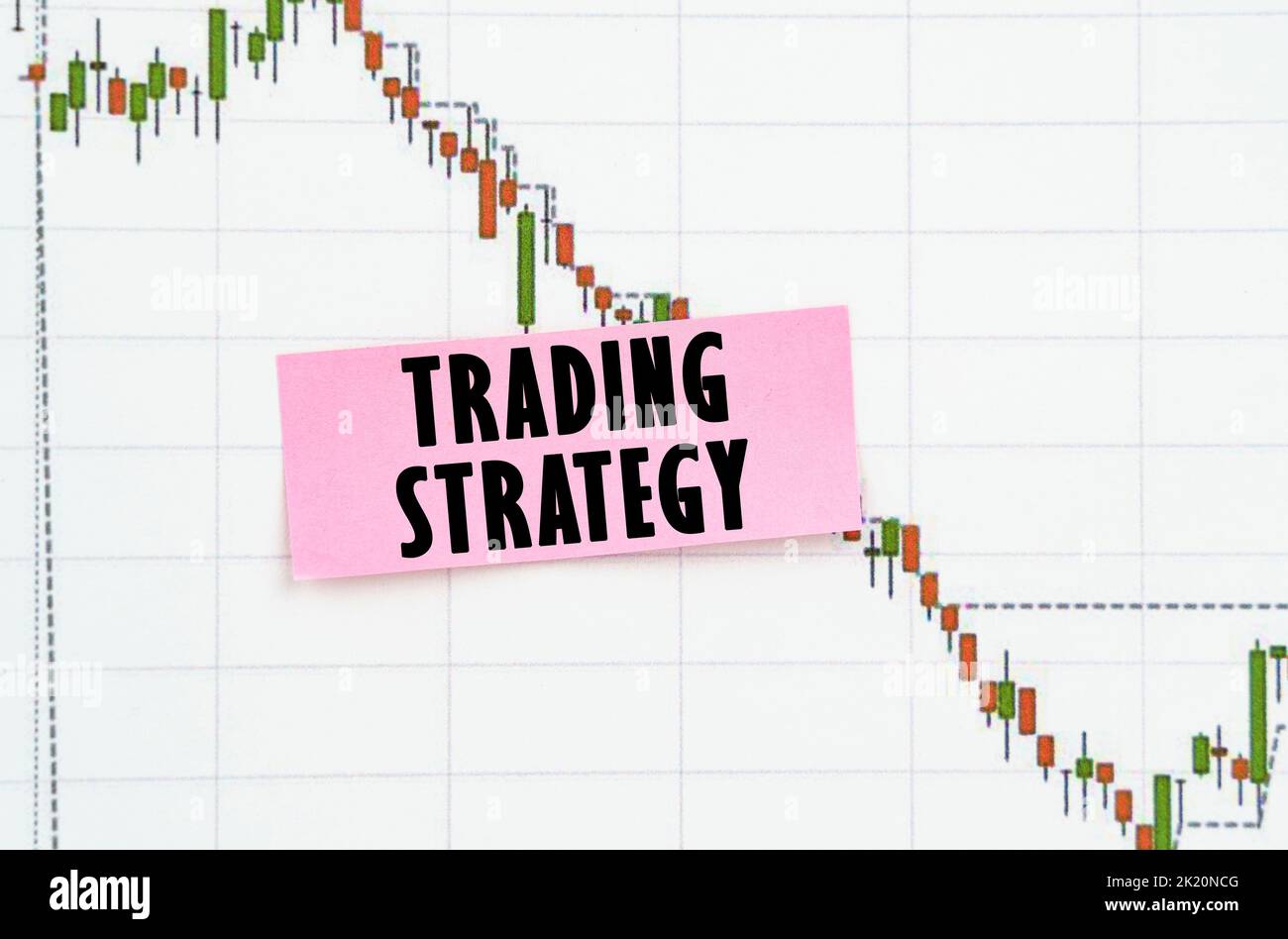 Concetto commerciale e commerciale. Sullo sfondo della tabella delle quotazioni, un adesivo con l'iscrizione - strategia di trading Foto Stock