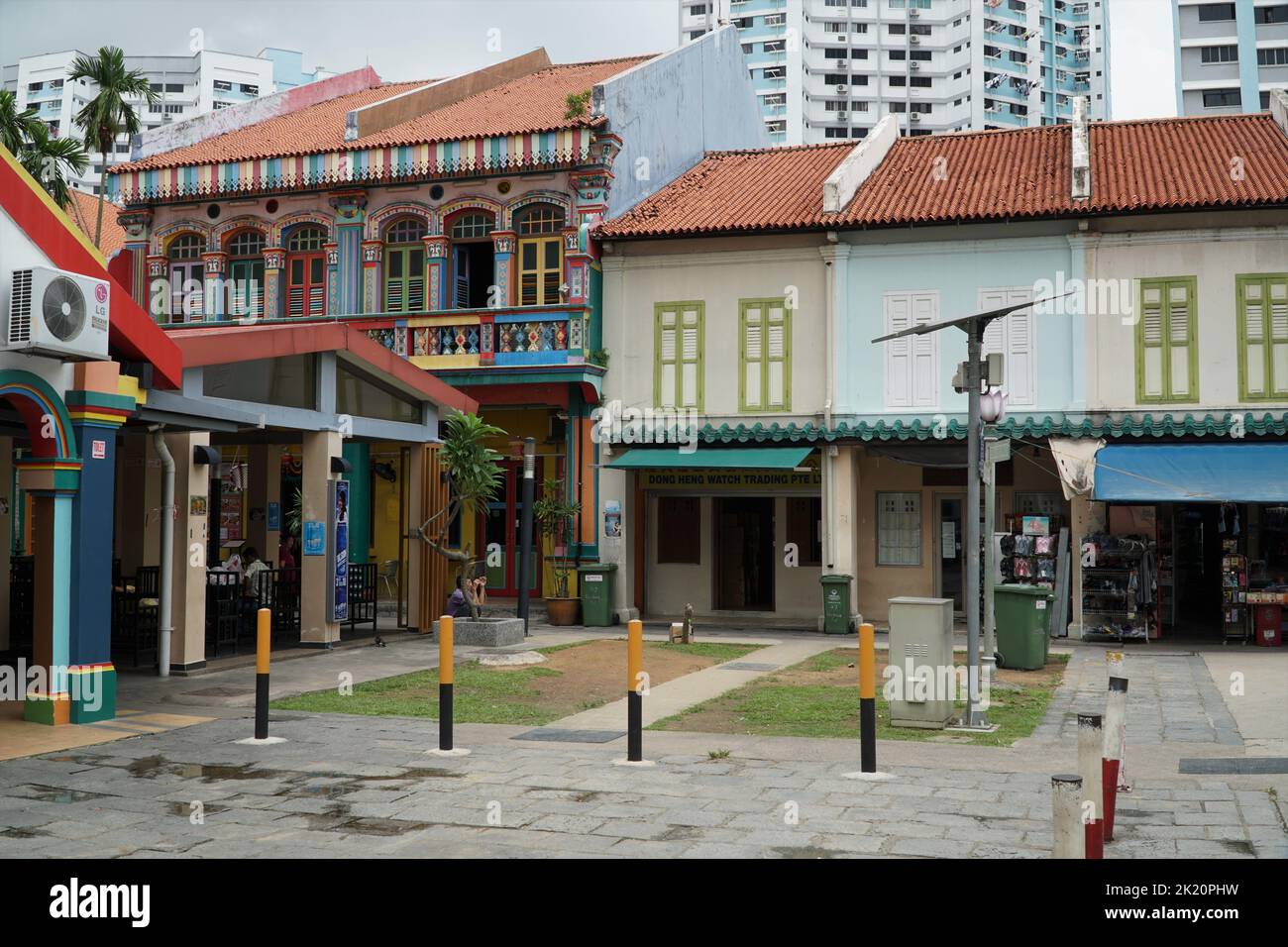 Una casa tradizionale facciate dall'era coloniale in Little India, Singapore Foto Stock