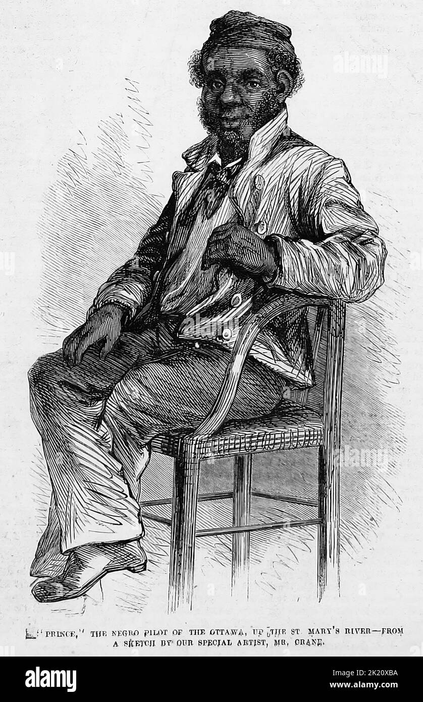 Ritratto di 'Principe', il pilota negro della nave Ottawa, sul fiume di St. Mary. 1862. Illustrazione della guerra civile americana del 19th° secolo dal quotidiano illustrato di Frank Leslie Foto Stock