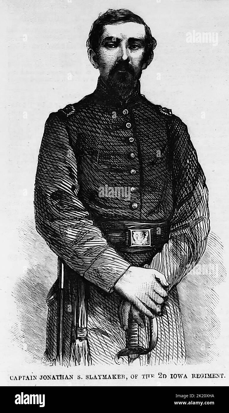 Ritratto del capitano Jonathan Smith Slaymaker, del reggimento Iowa del 2nd. 1862. Illustrazione della guerra civile americana del 19th° secolo dal quotidiano illustrato di Frank Leslie Foto Stock