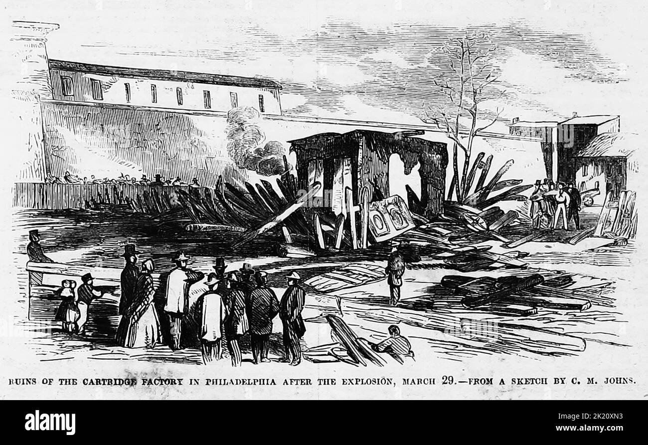 Rovine della fabbrica di cartucce a Filadelfia, Pennsylvania, dopo l'esplosione, 29th marzo 1862. Illustrazione della guerra civile americana del 19th° secolo dal quotidiano illustrato di Frank Leslie Foto Stock