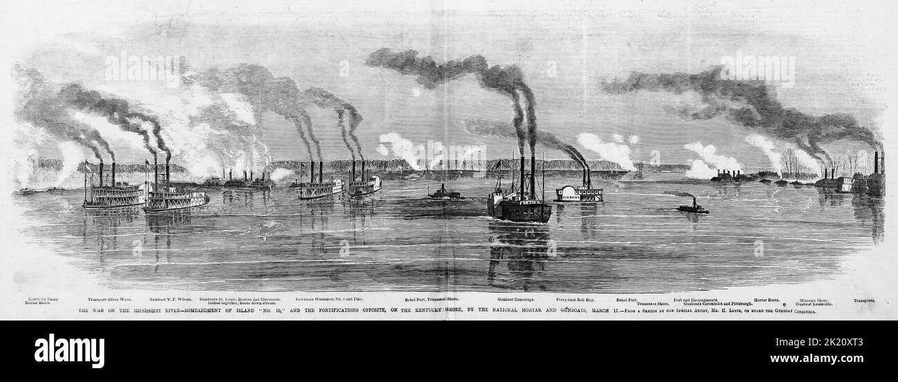 La guerra sul fiume Mississippi - bombardamento dell'isola n° 10, e le fortificazioni di fronte, sulla riva del Kentucky, dal mortaio nazionale e dai cannonieri, 17th marzo 1862. Battaglia dell'isola numero dieci. Illustrazione della guerra civile americana del 19th° secolo dal quotidiano illustrato di Frank Leslie Foto Stock