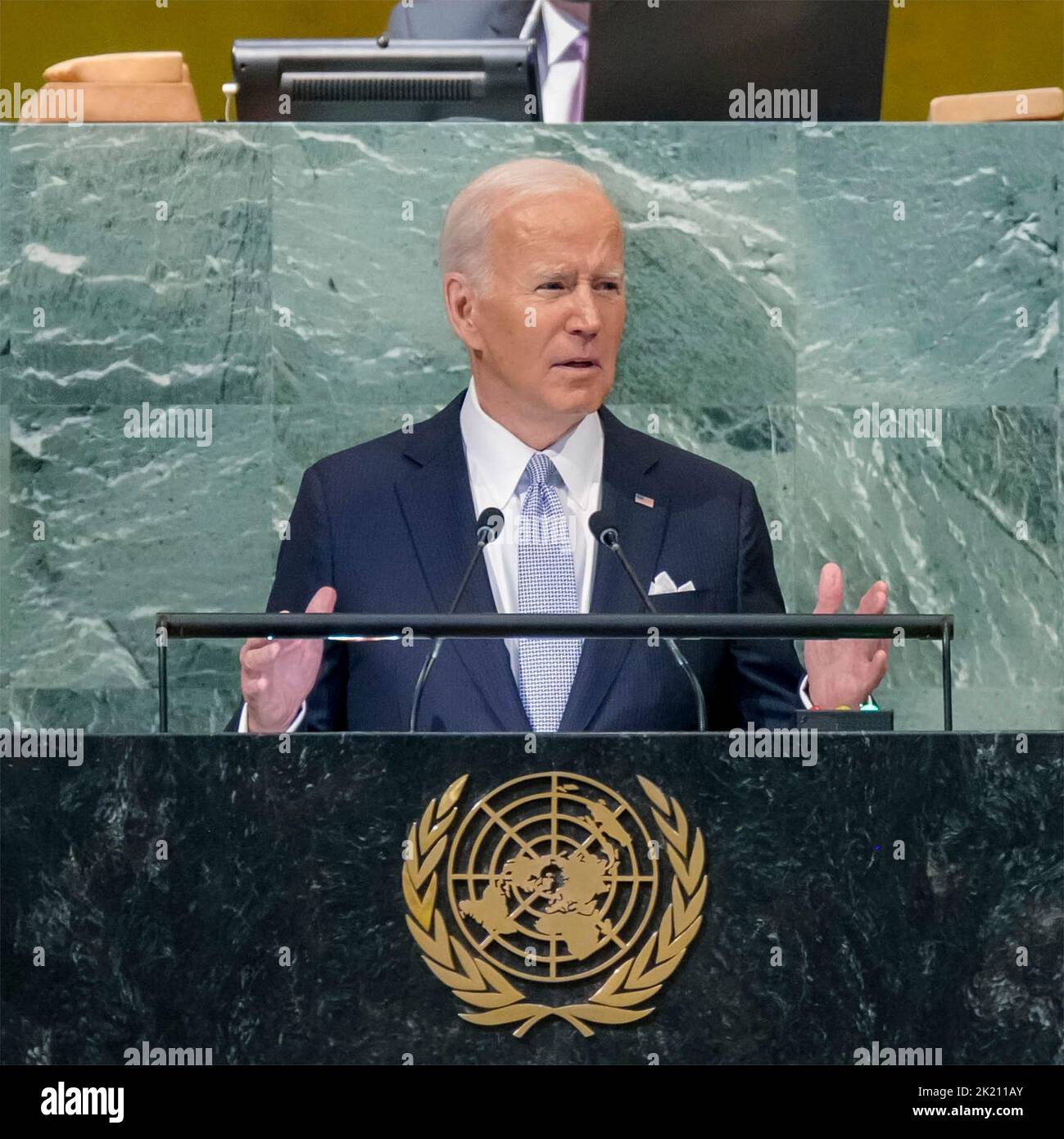 New York City, Stati Uniti. 21st Set, 2022. Il Presidente degli Stati Uniti Joe Biden consegna un discorso alla 77th sessione dell'Assemblea Generale degli Stati Uniti, 21 settembre 2022, a New York City. Credit: Adam Schultz/White House Photo/Alamy Live News Foto Stock