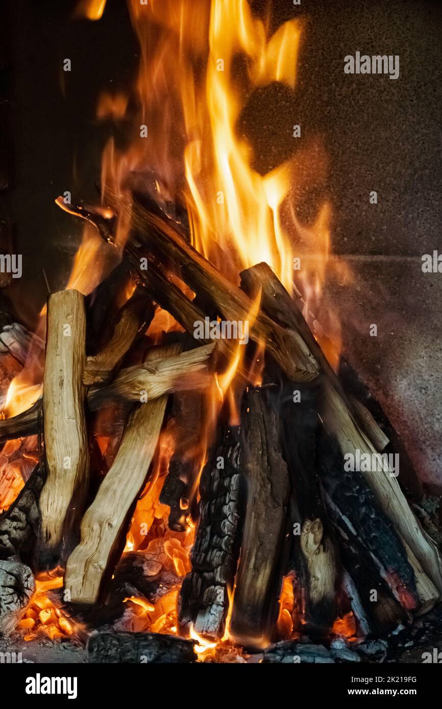 Tronchi bruciati in un camino per mantenere caldo durante l'inverno Foto Stock
