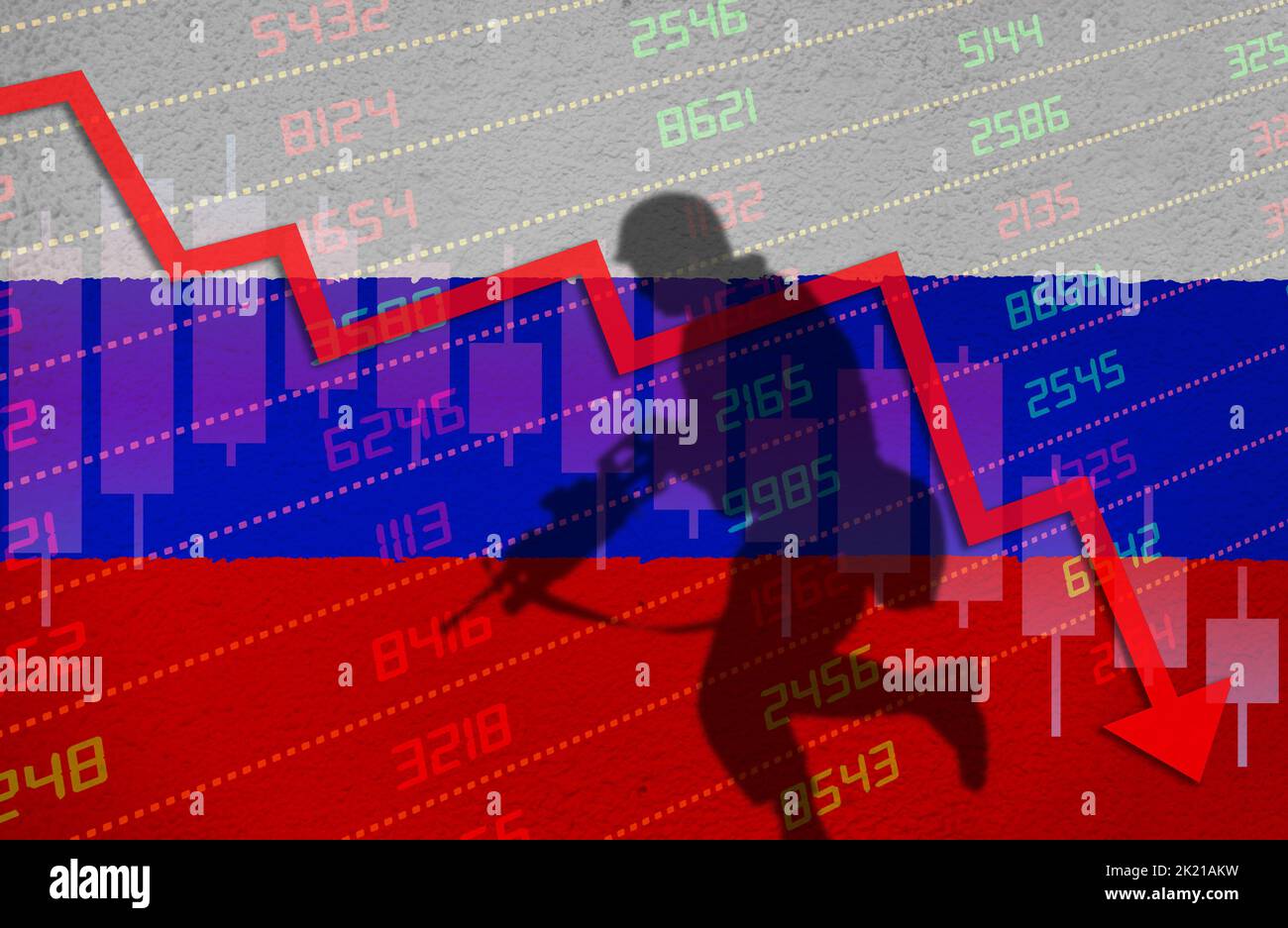 Guerra che causa crisi economica con la freccia cartellone del mercato azionario giù in territorio rosso negativo sopra la bandiera russa dipinta sul muro con ombra di soldato. Eco Foto Stock