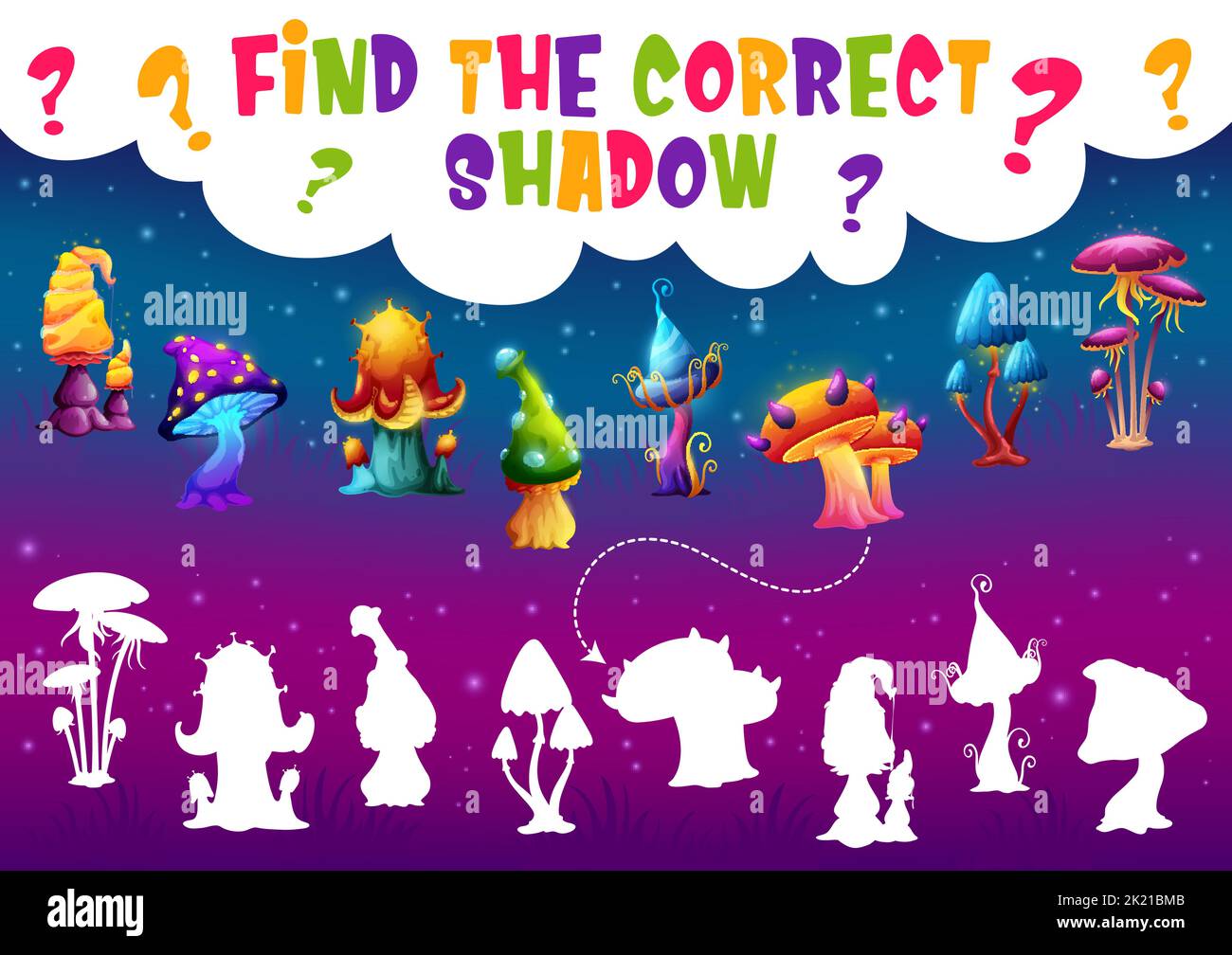 Trova l'ombra corretta del fungo magico. Foglio di lavoro vettoriale per bambini, quiz educativo o puzzle per bambini prescolare. Silhouette confrontare indovinello con funghi fantasia luminosa o funghi Illustrazione Vettoriale