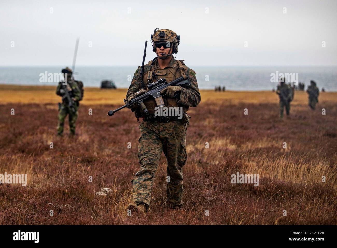 Svezia. 26th ago, 2022. U.S. Marine Corps Sgt. Anthony T. Ruiz, un leader della squadra con Echo Company, Battalion Landing Team 2/6, 22nd Marine Expeditionary Unit (MEU), destra, pattugliamenti durante il recupero tattico di addestramento del personale aereo con i ranger dell'aeronautica svedese vicino Kristianstad, Svezia, agosto. 26, 2022. Il Kearsarge Amphibious Ready Group e 22nd MEU, sotto il comando e il controllo della Task Force 61/2, è in programma un dispiegamento nell'area operativa delle forze Navali USA in Europa, impiegata dalla U.S. Sesta flotta per difendere gli interessi degli Stati Uniti, alleati e partner. (Credit Image: © U.S. Marines Foto Stock