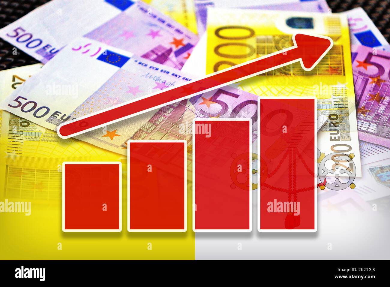 Grafico dell'economia: Freccia in aumento, banconote in euro in contanti e bandiera del Vaticano (moneta, Economia, Affari, Finanza, crisi) Foto Stock