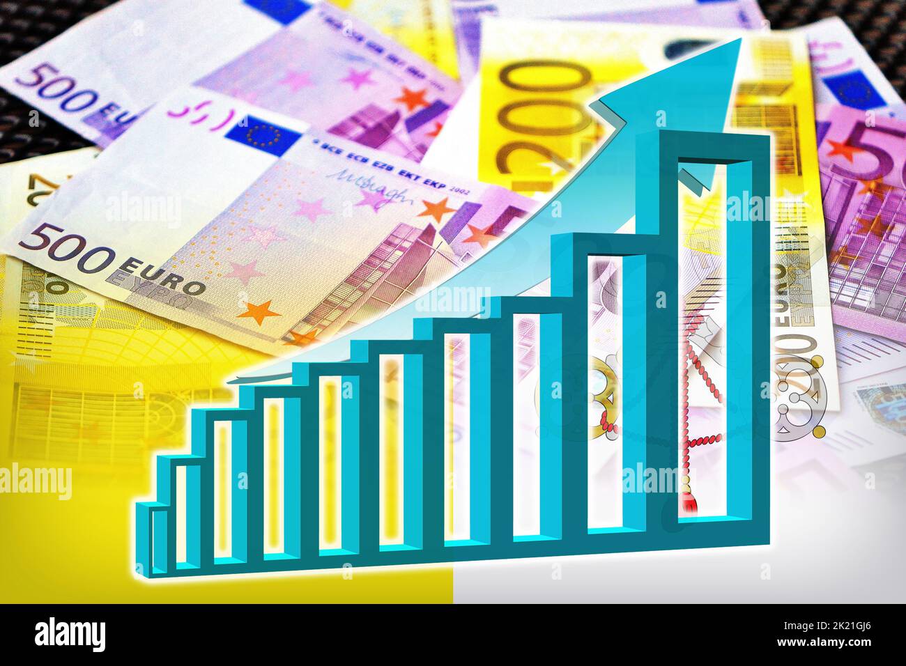 Grafico dell'economia: Freccia in aumento, banconote in euro in contanti e bandiera del Vaticano (moneta, Economia, Affari, Finanza, crisi) Foto Stock