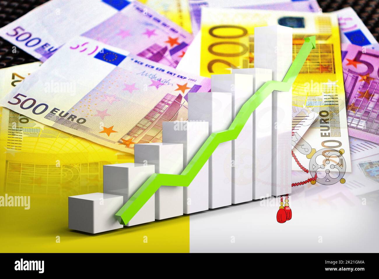 Grafico dell'economia: Freccia in aumento, banconote in euro in contanti e bandiera del Vaticano (moneta, Economia, Affari, Finanza, crisi) Foto Stock
