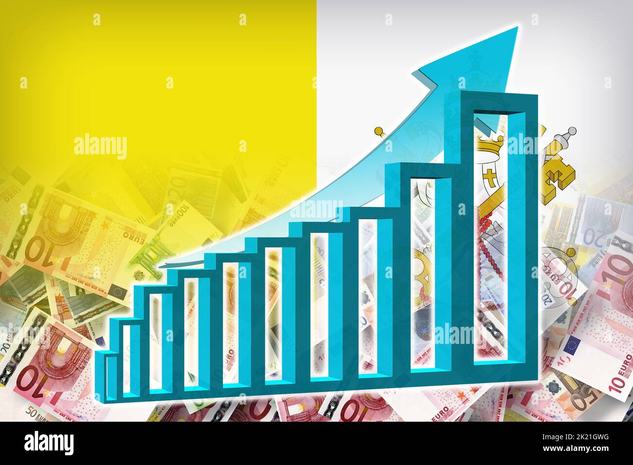 Grafico dell'economia: Freccia in aumento, banconote in euro in contanti e bandiera del Vaticano (moneta, Economia, Affari, Finanza, crisi) Foto Stock