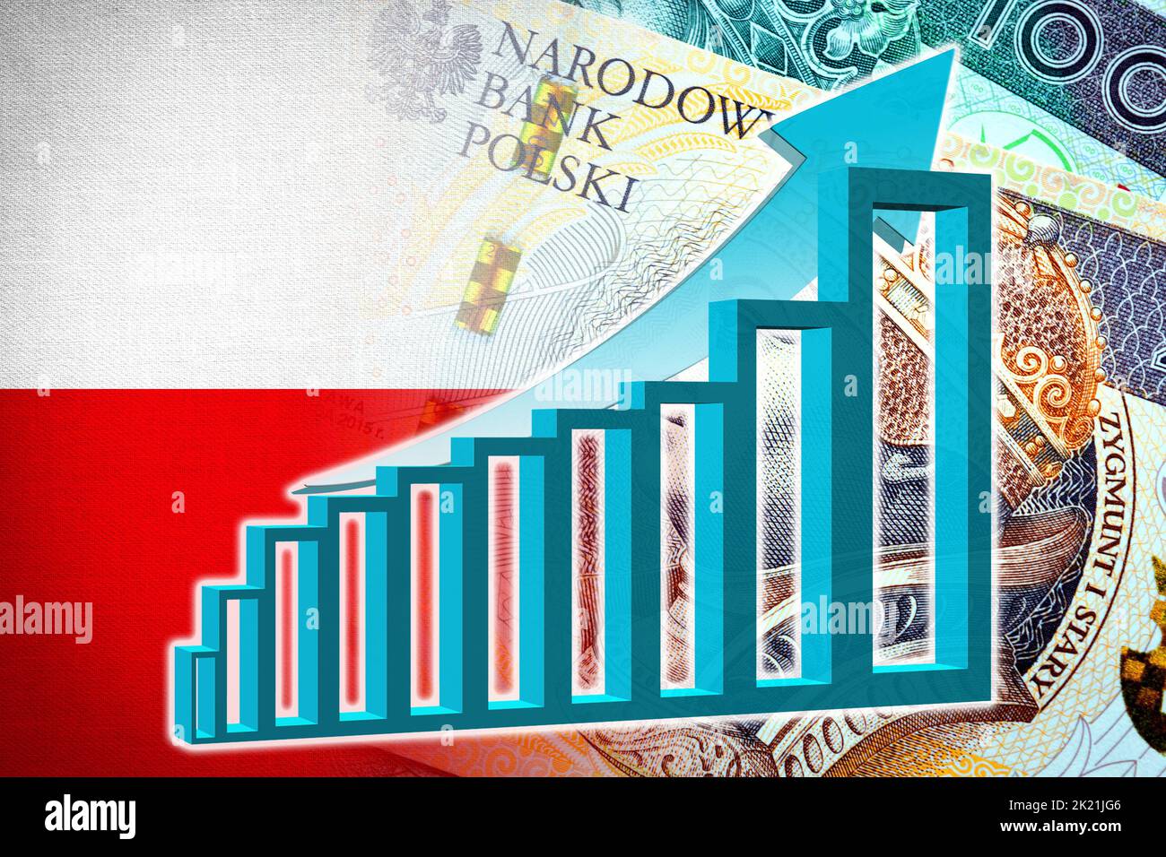 Grafico dell'economia: Freccia in aumento, Złoty banconote in contanti polacche e bandiera polacca (moneta, economia, affari, finanza, inflazione, crisi) Foto Stock