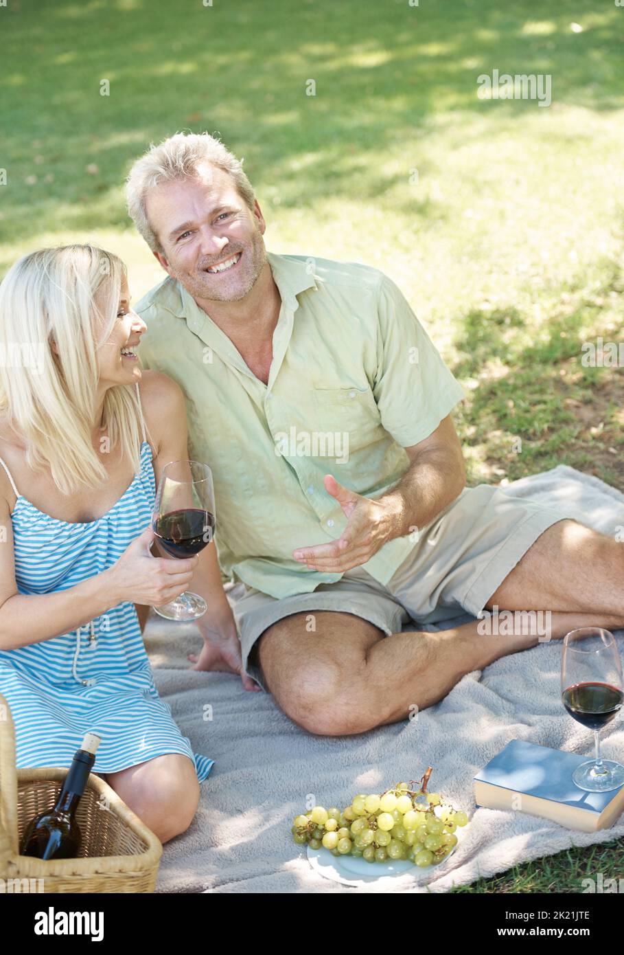 Godendo la raccolta della natura. Un marito e una moglie felici che si godono un bicchiere di vino mentre si ha un pic-nic all'aperto in un parco in una giornata estiva. Foto Stock