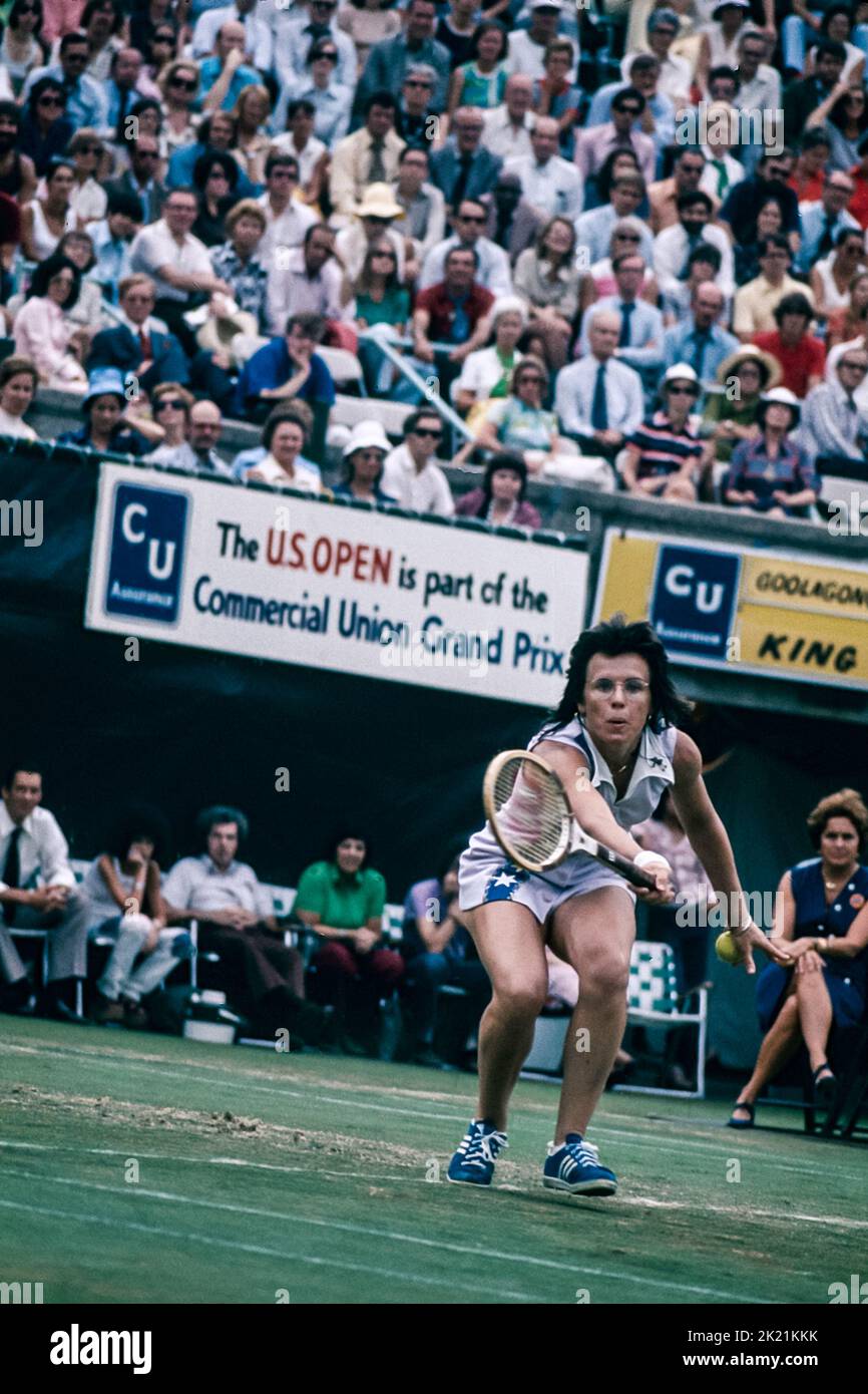 Billy Jean King all'US Open Tennis 1975 Foto Stock