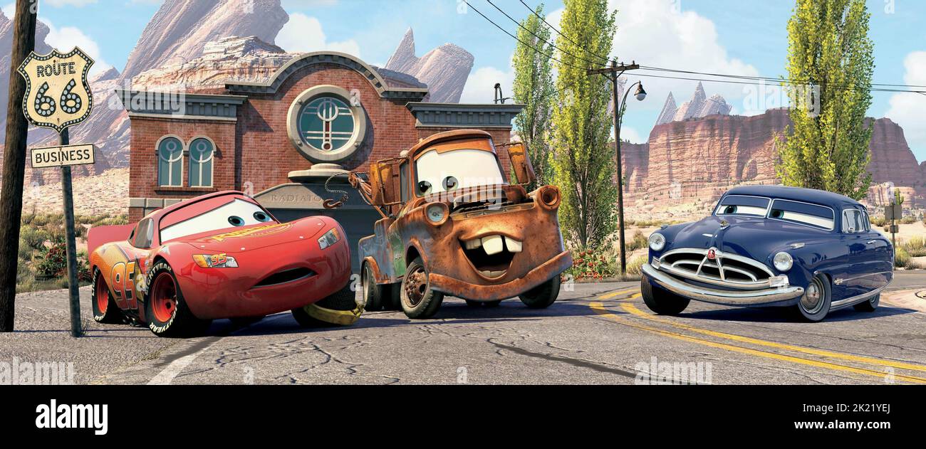 LIGHTNING MCQUEEN, MATER TRAINARE TUCK, DOC HUDSON, automobili, 2006 Foto Stock