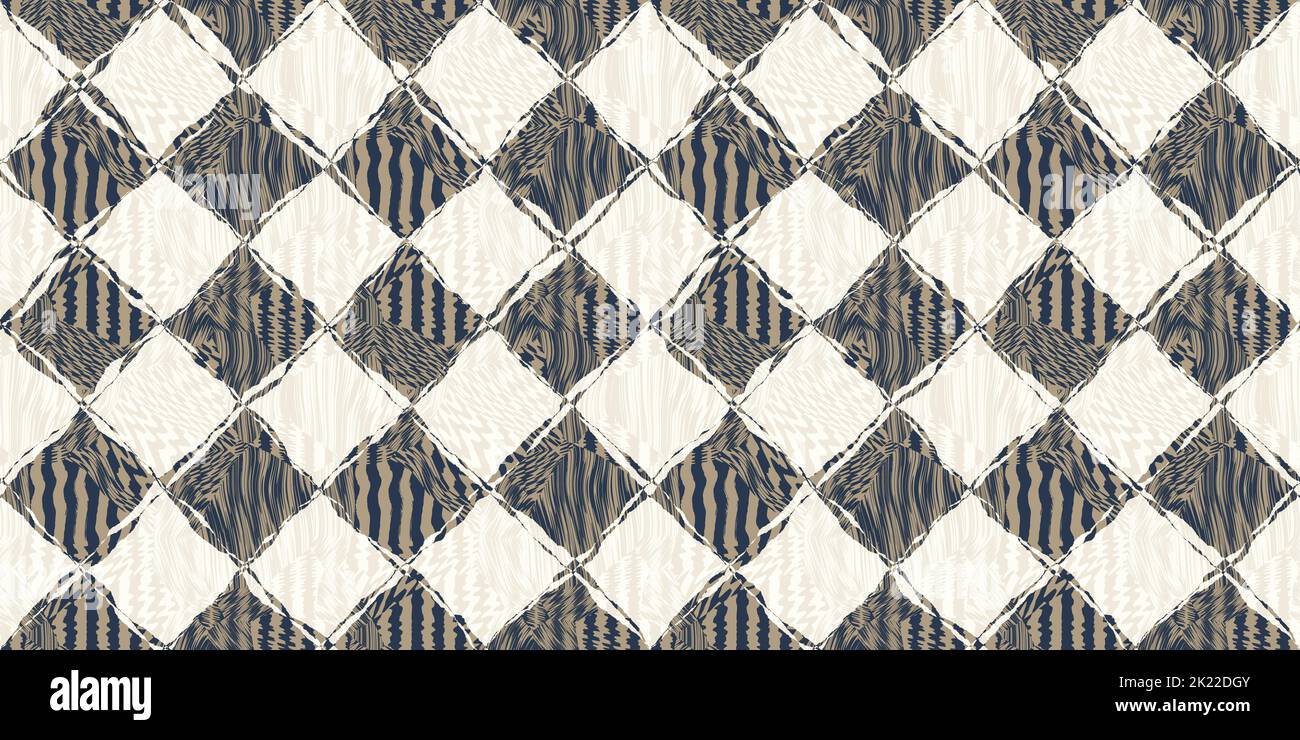 Zebra safari africano astratta senza cuciture e zebre tigre modello di sfondo kintsugi. Motivo decorativo delle tessere tribali a checker in diamante moderno e geometrico rippato Foto Stock