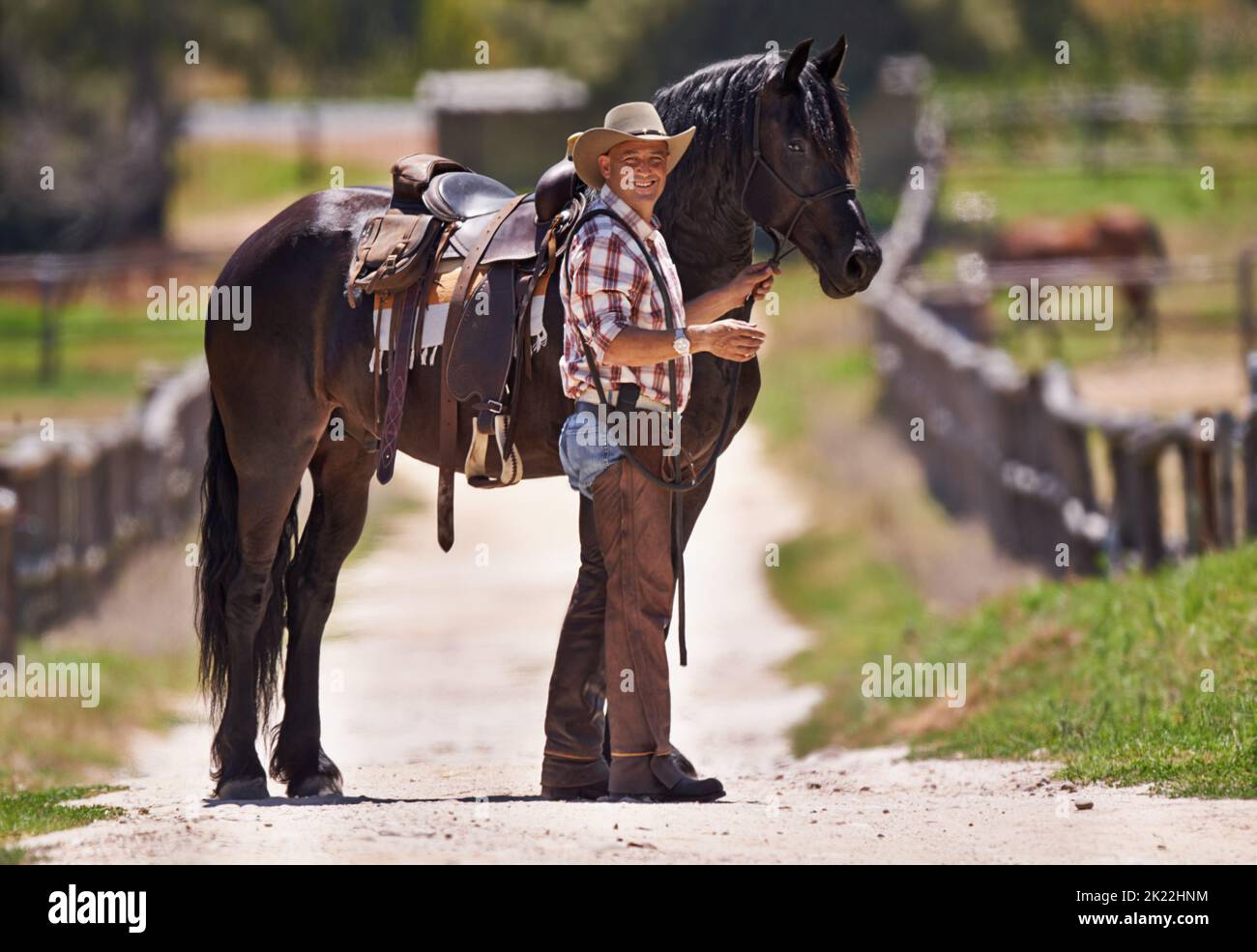 Non c'è nulla di simile al legame tra un uomo e il suo cavallo: Un cowboy e il suo cavallo fuori sul ranch. Foto Stock